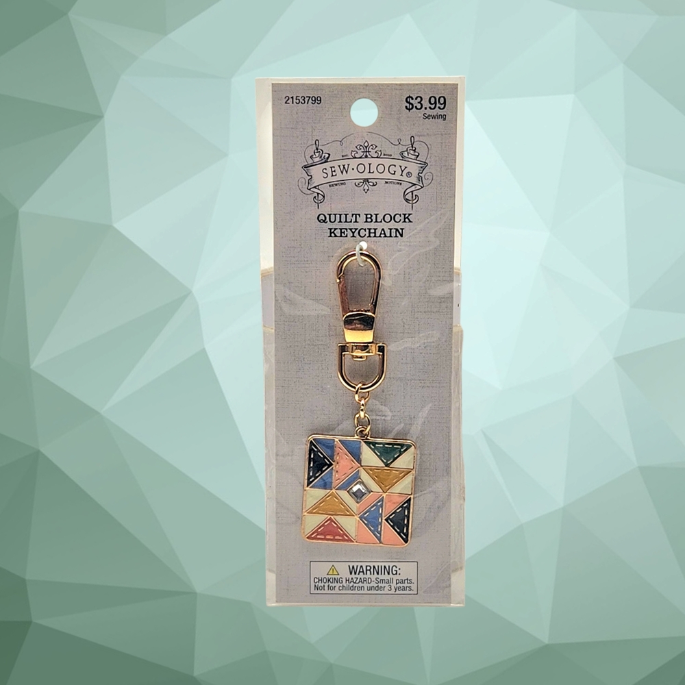 New in Package Sew-Ology Multicolored Enameled Quilt Block Square Keychain